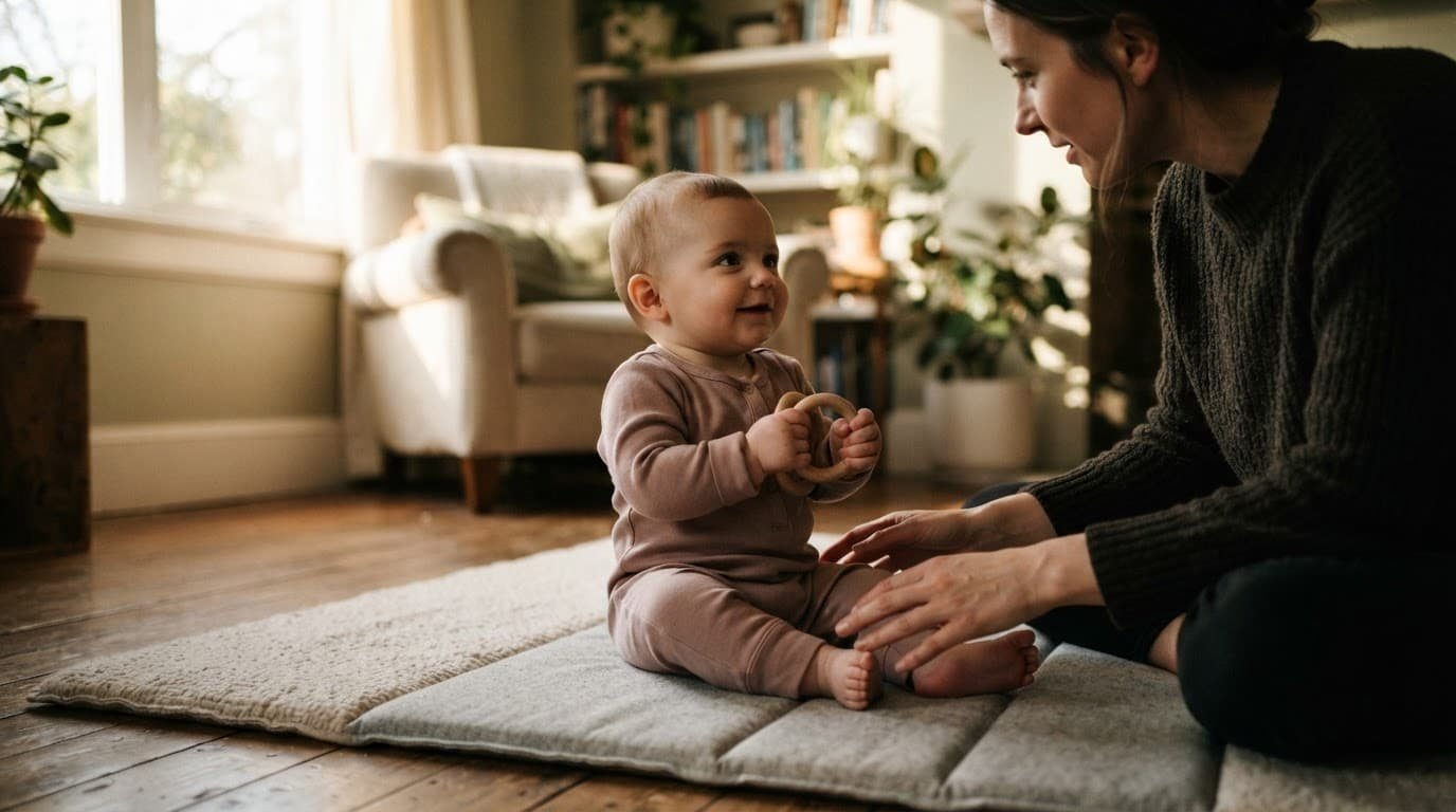 Infant sits on a play mat beside a parent, holding a toy and sharing a gentle smile.