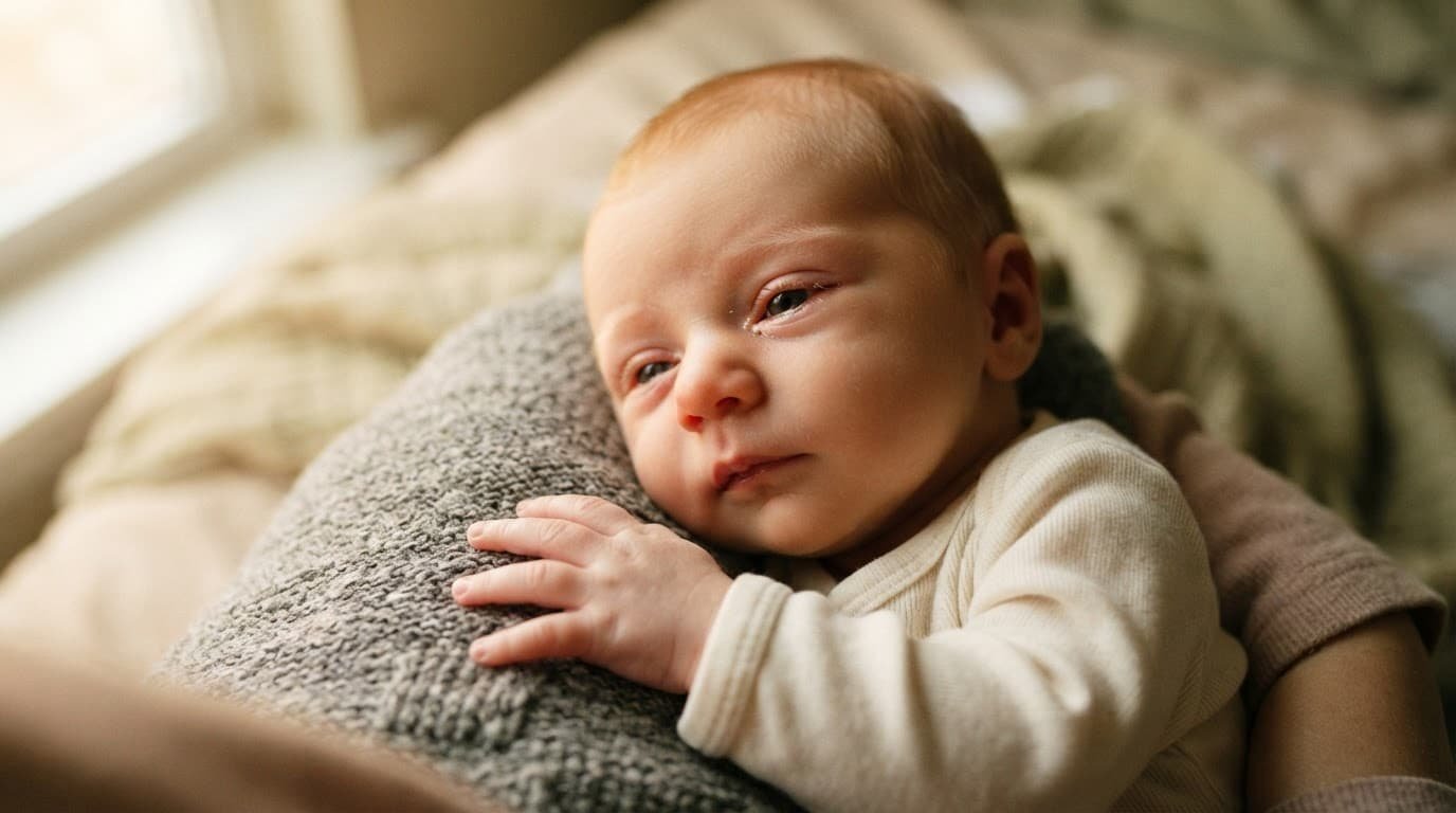 Infant resting in a caregiver’s arms with one watery eye in warm nursery light.
