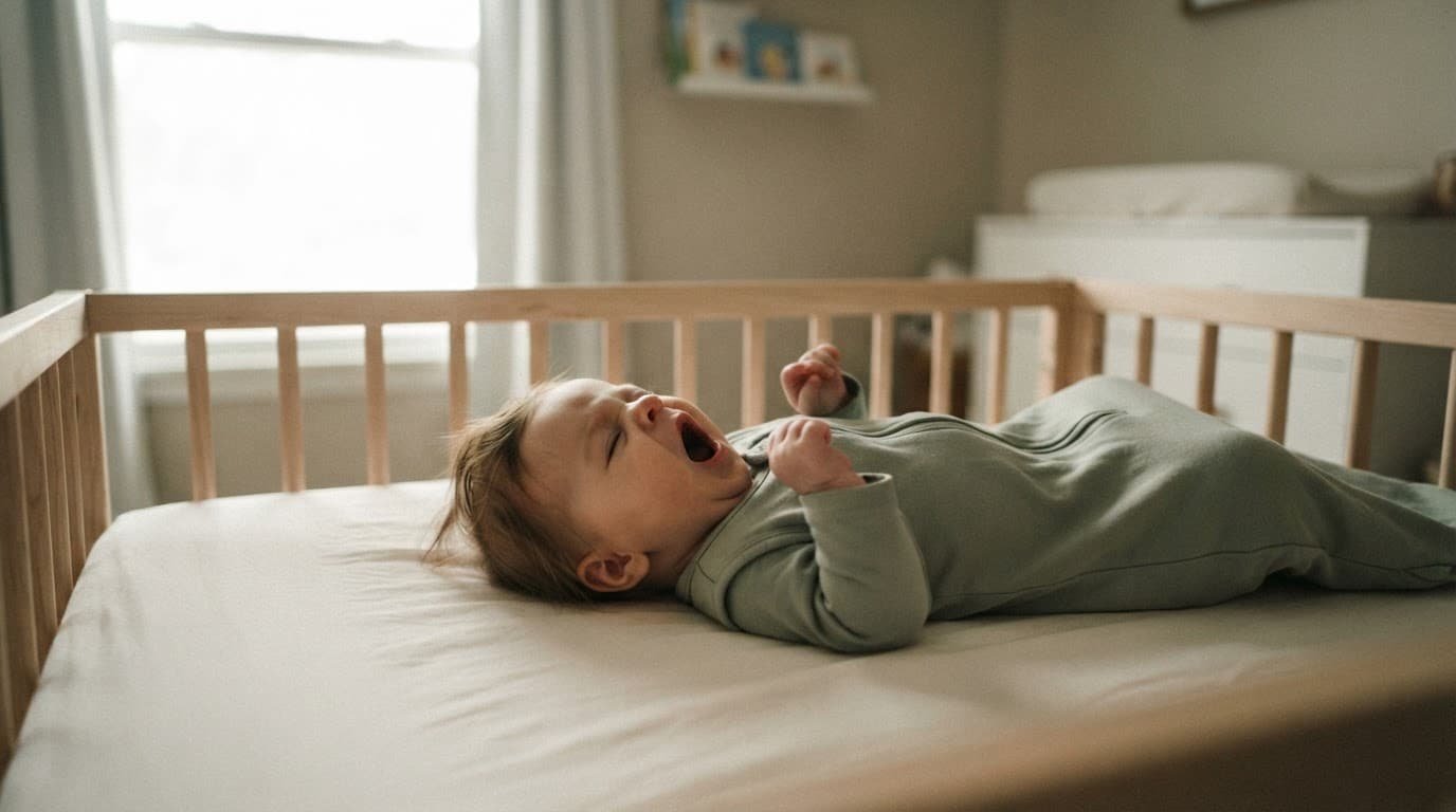 An infant yawns while resting on their back in a softly lit crib.