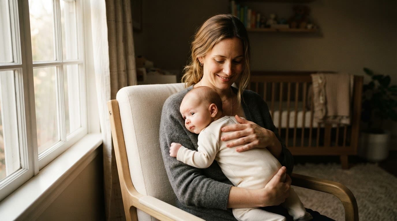 Mother watches as her infant turns away during a quiet feeding pause.