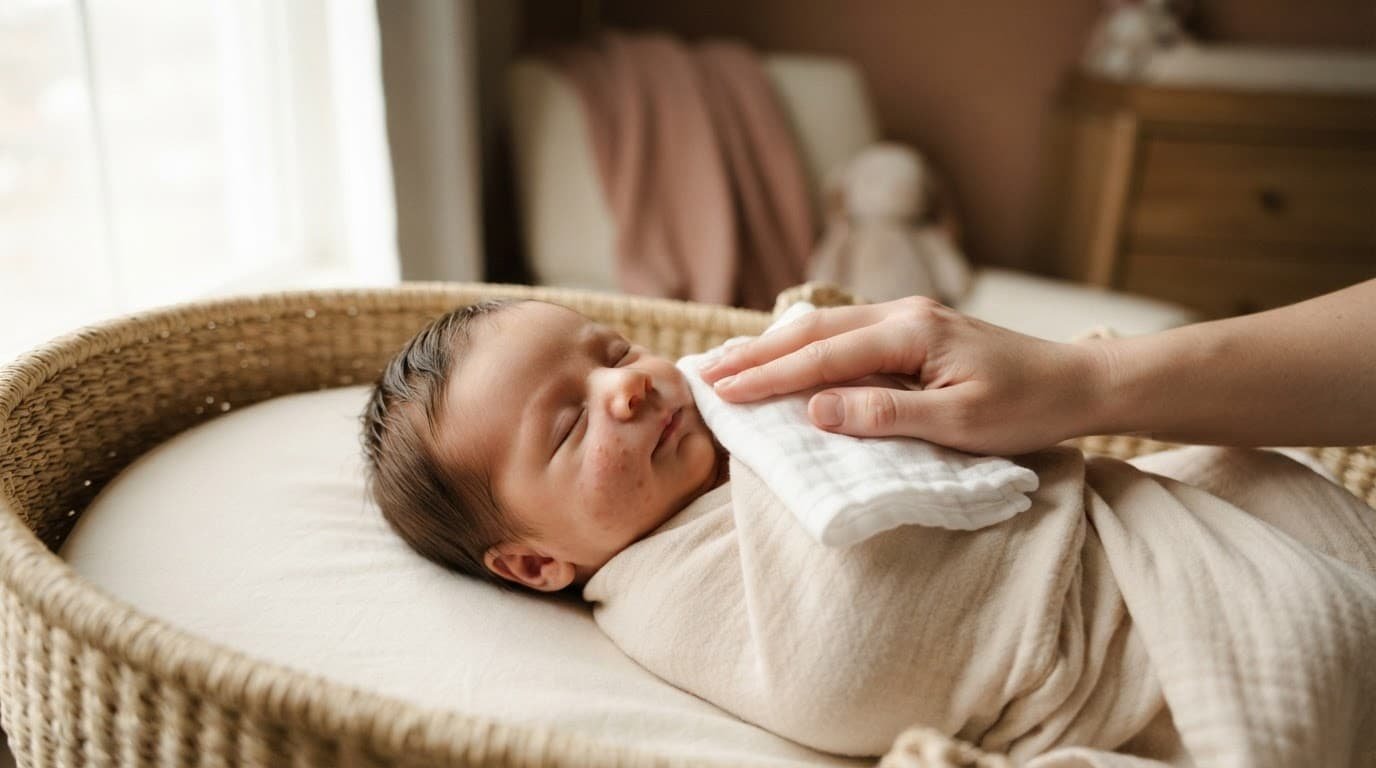 A parent gently dabs a newborn’s cheek in a bassinet.