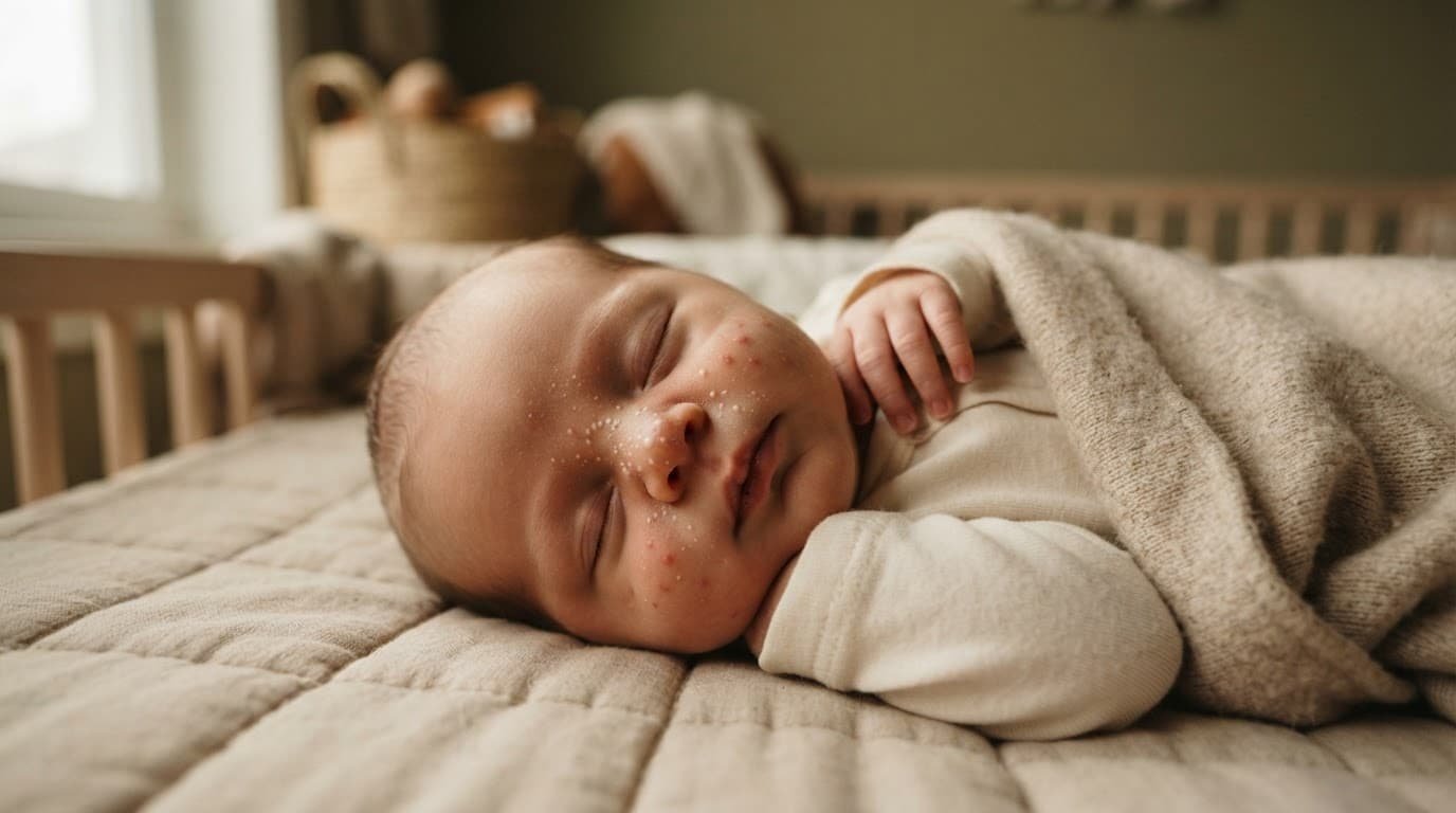 Sleeping newborn with subtle red and white bumps on the cheeks in a softly lit crib.