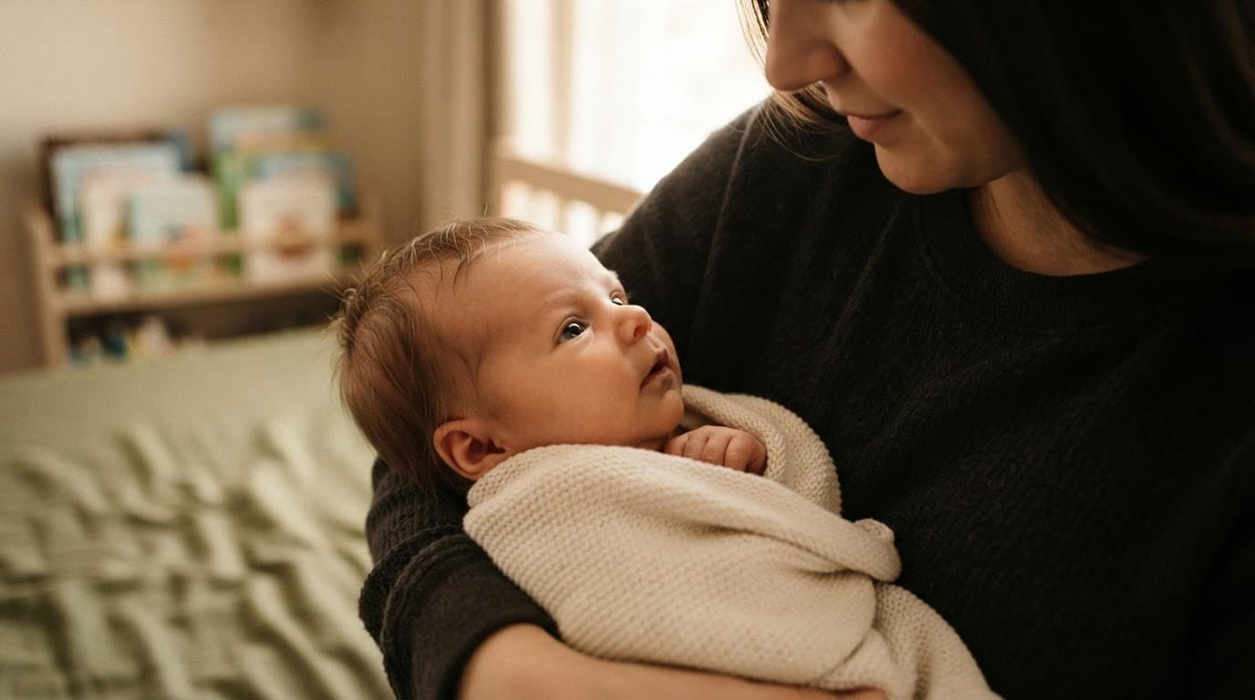 Newborn girl gazing at a caregiver during a warm face-to-face cuddle.