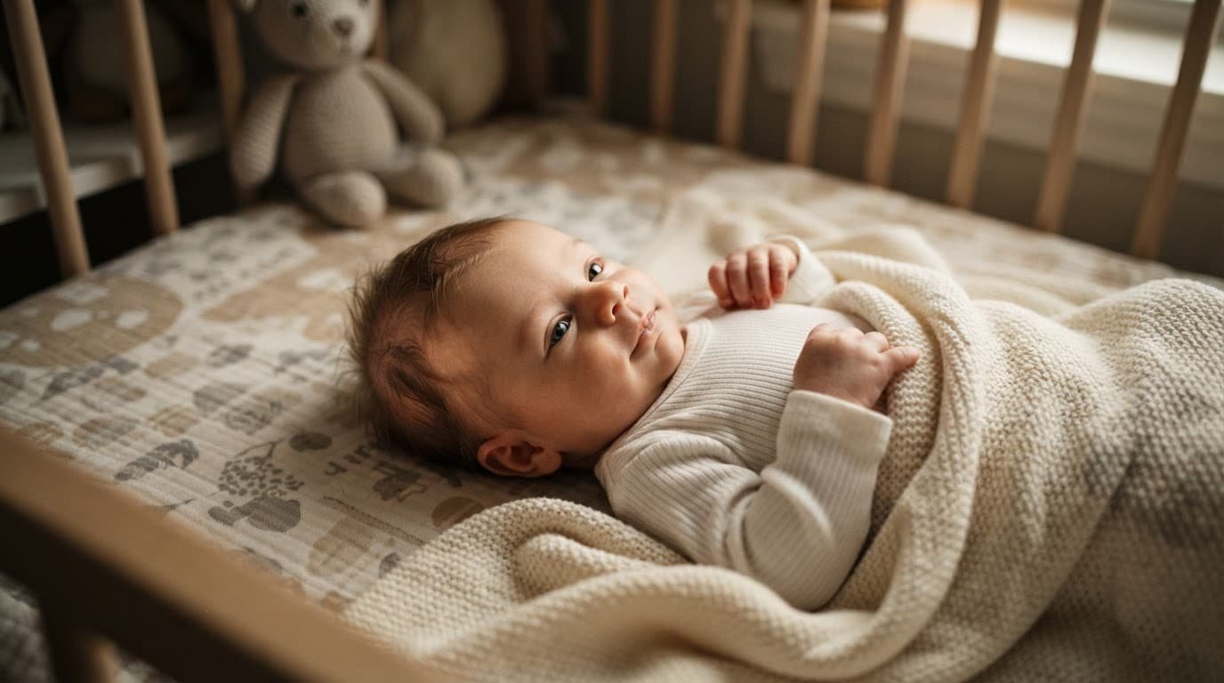 Healthy newborn lying on a soft mattress with sparse hair and slight thinning at the back of the head.