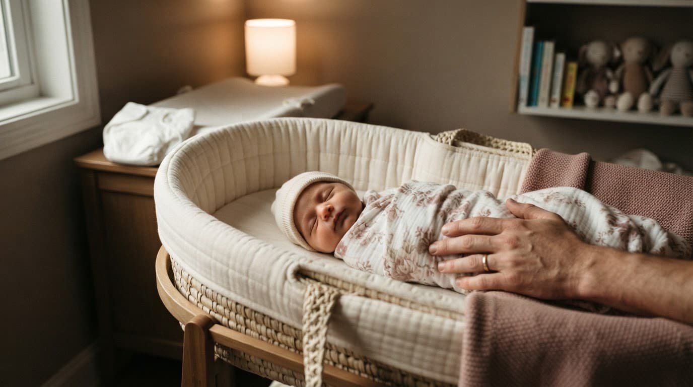 Newborn girl resting in a bassinet with a parent’s hand nearby.