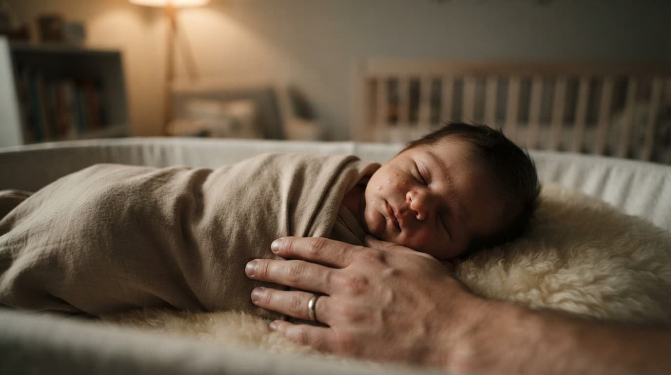 Newborn resting in a softly lit nursery with a parent’s hand near the cheek.