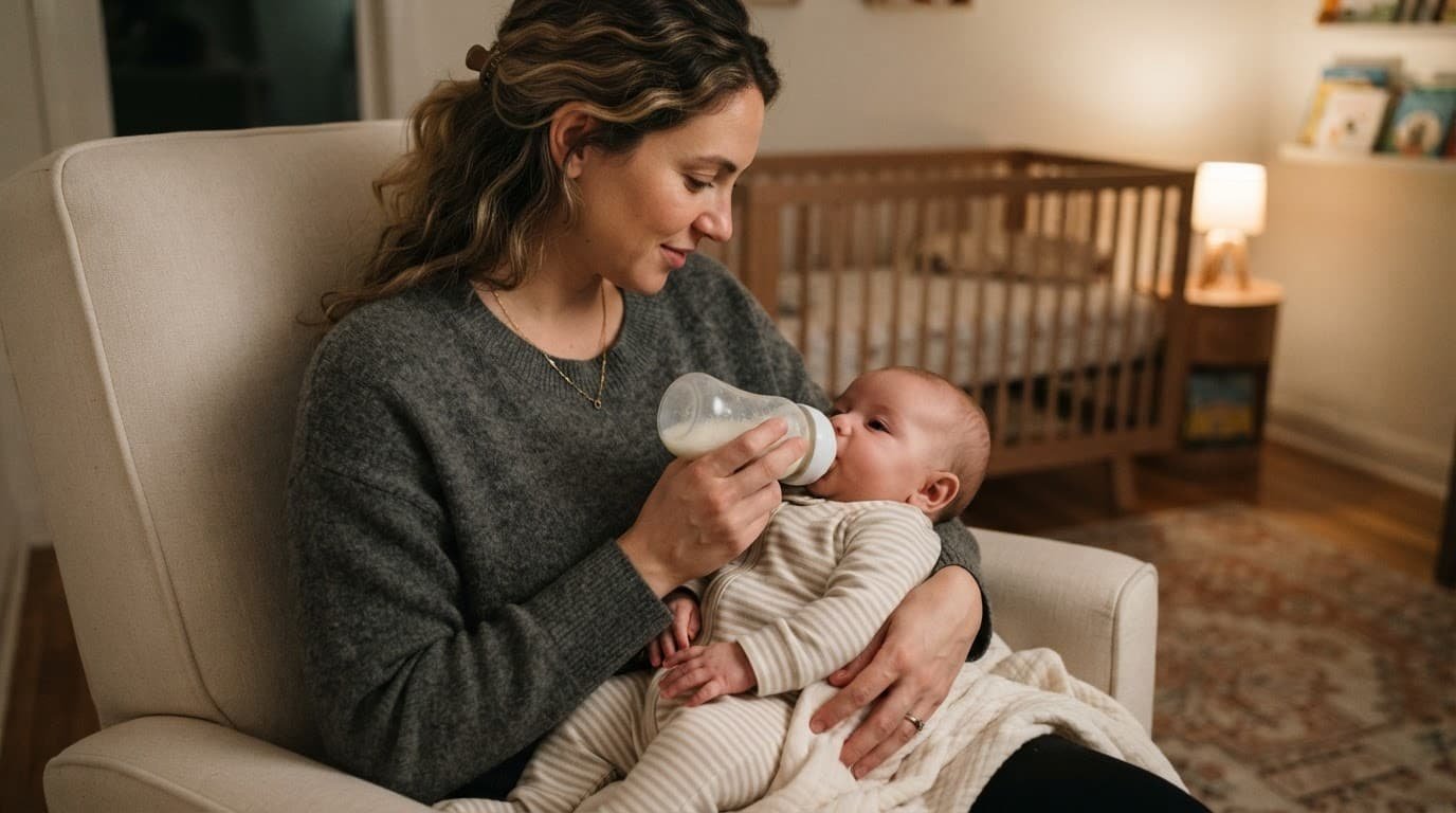 Parent bottle-feeds a relaxed infant upright in a softly lit nursery.