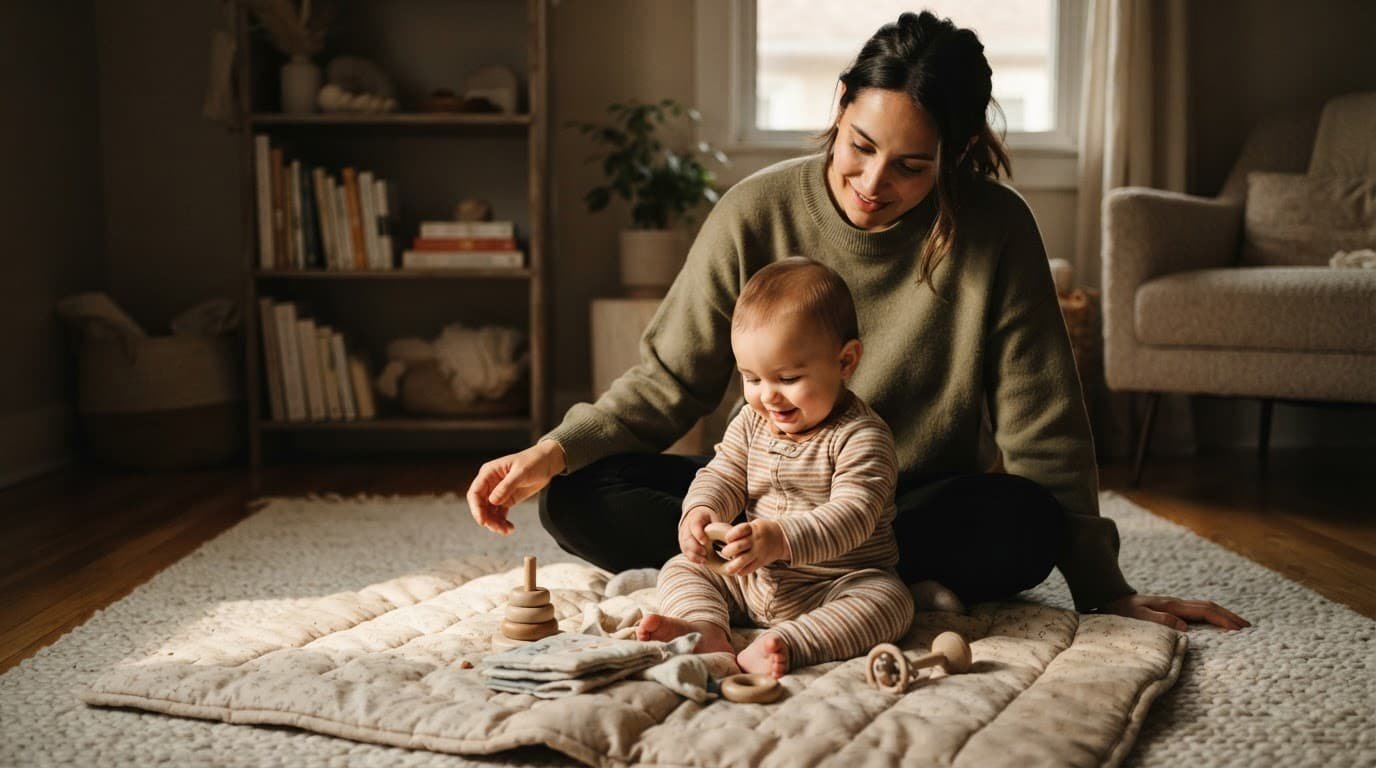 A parent watches a baby play with toys on a soft blanket.