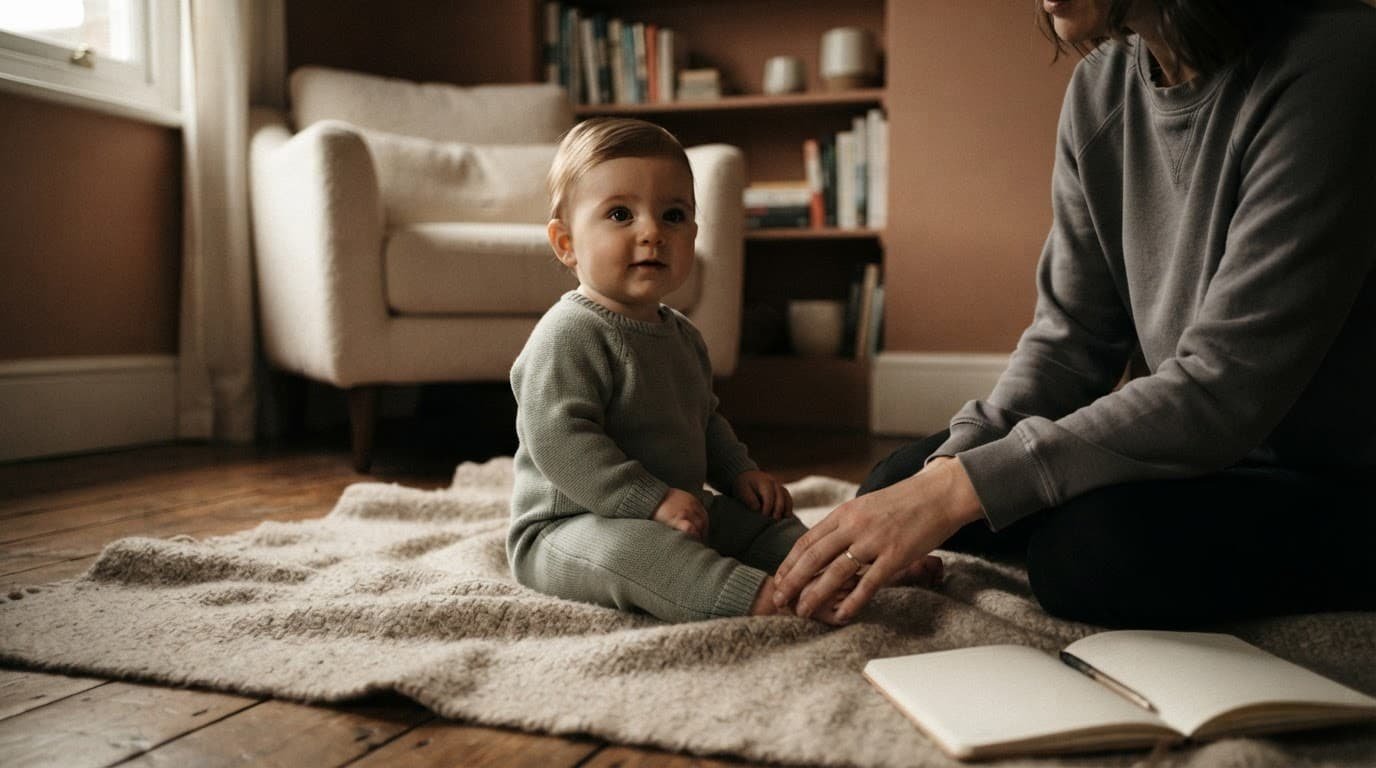 A baby makes eye contact with a parent beside a journal on a soft blanket.