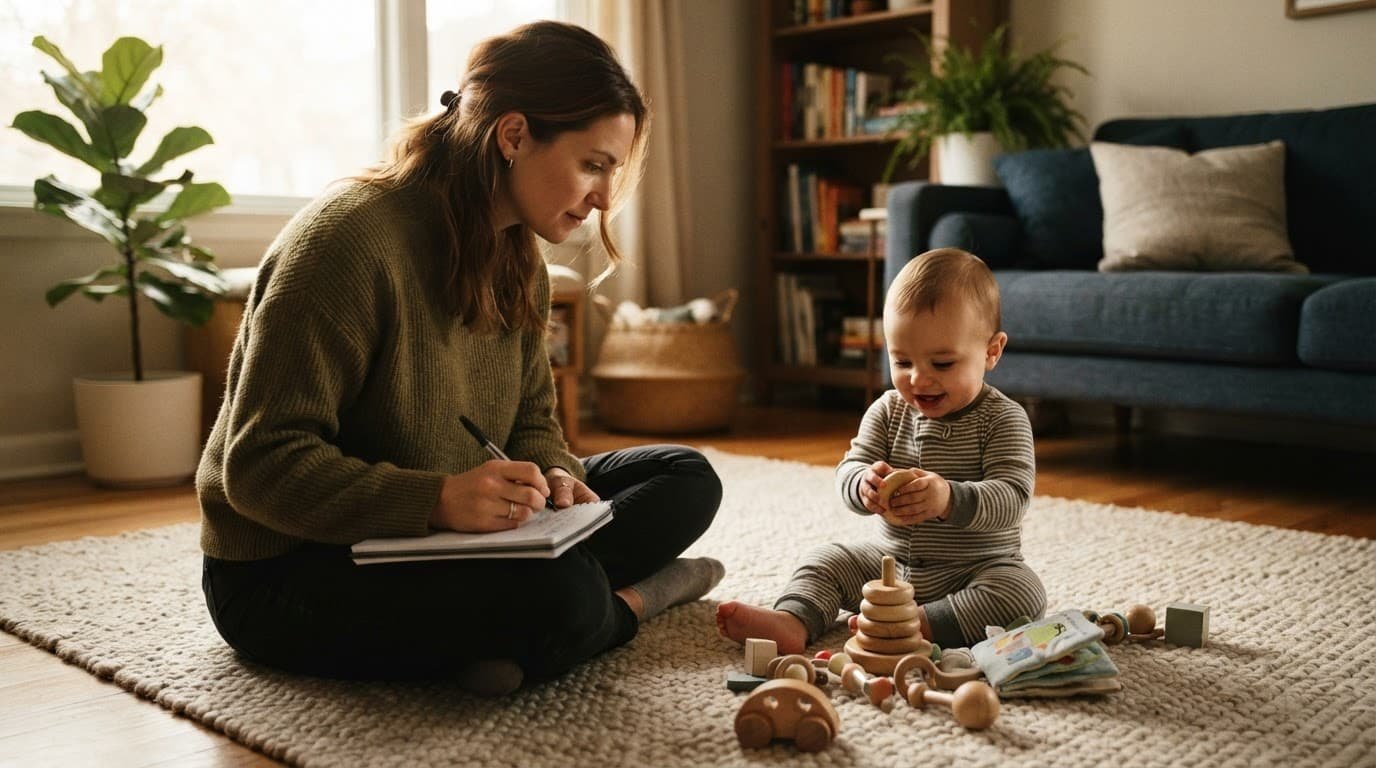 A parent writes in a notebook beside a playing baby.