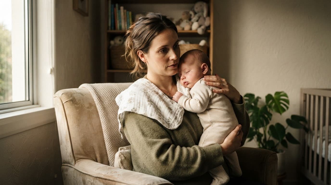 A parent gently holds an infant upright after feeding in a warm nursery.