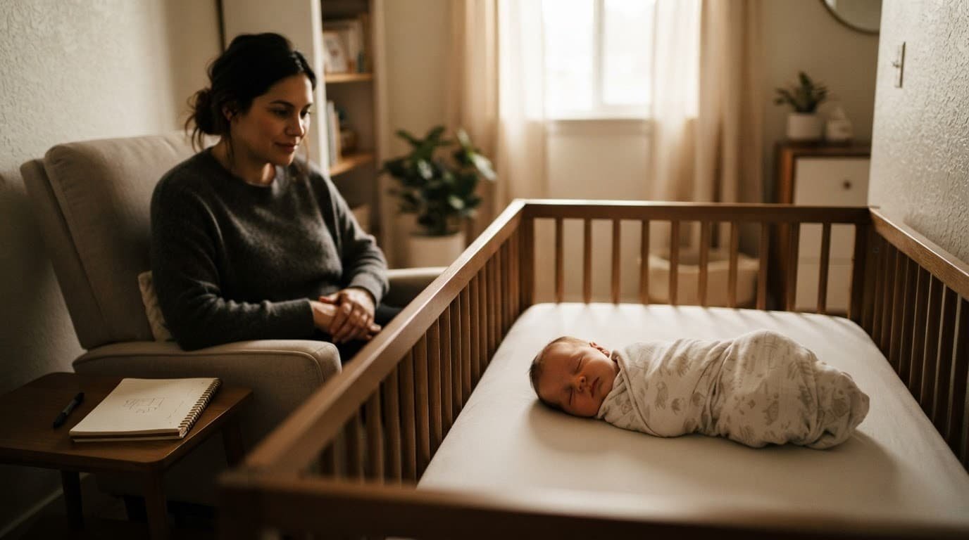 A parent watches one infant resting in a crib beside a notebook.