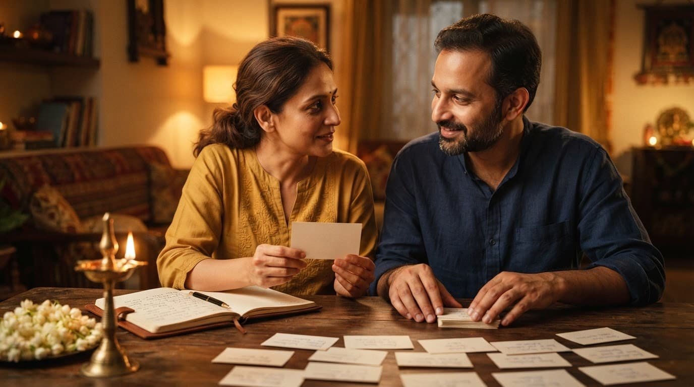 Indian parents choosing blurred baby-name cards beside a diya and jasmine flowers.