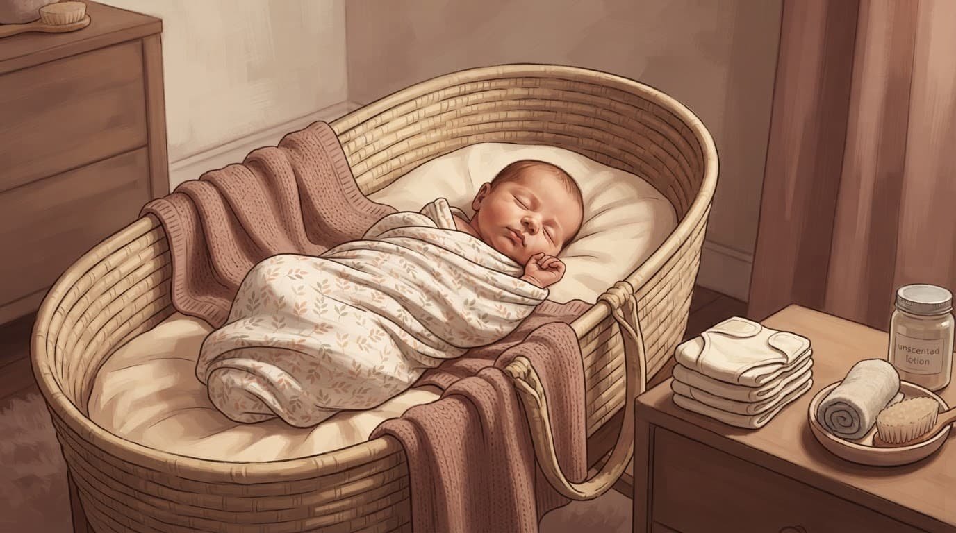 Sleeping newborn girl in a softly lit bassinet with a clean diaper nearby.