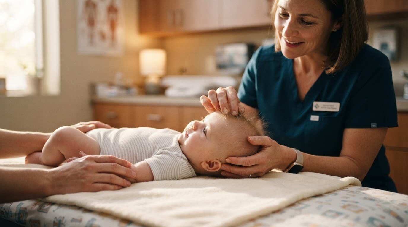 A pediatrician gently checks an infant’s patchy scalp in a bright exam room.