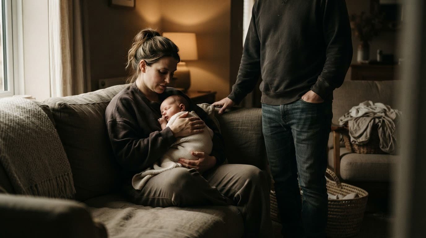 A mother holds her newborn on a sofa while a partner stands protectively nearby.