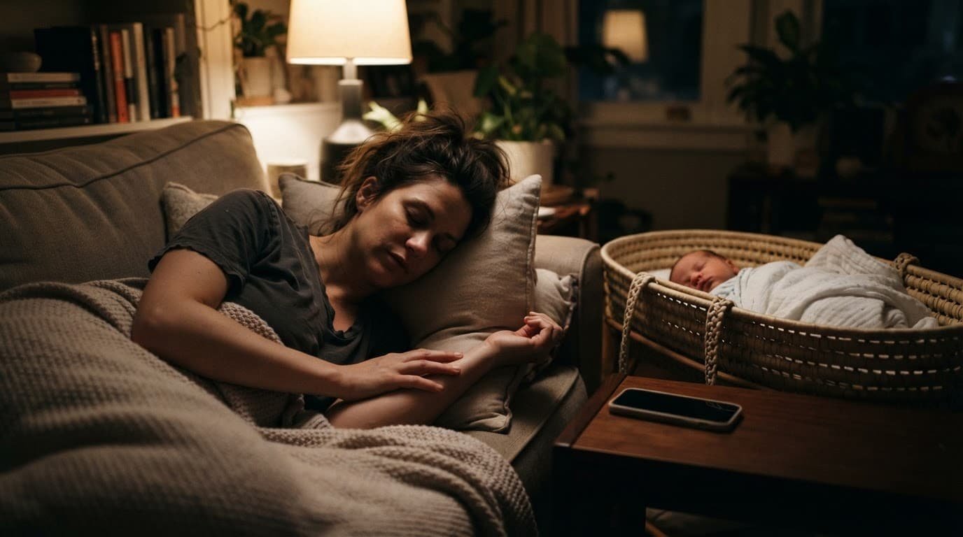 A postpartum mother rests on a sofa while her newborn sleeps in a nearby bassinet.