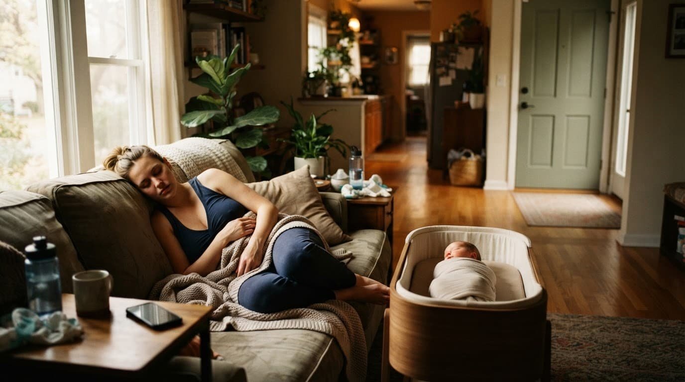 A mother rests on a sofa while her newborn sleeps nearby and a phone lies beside her.