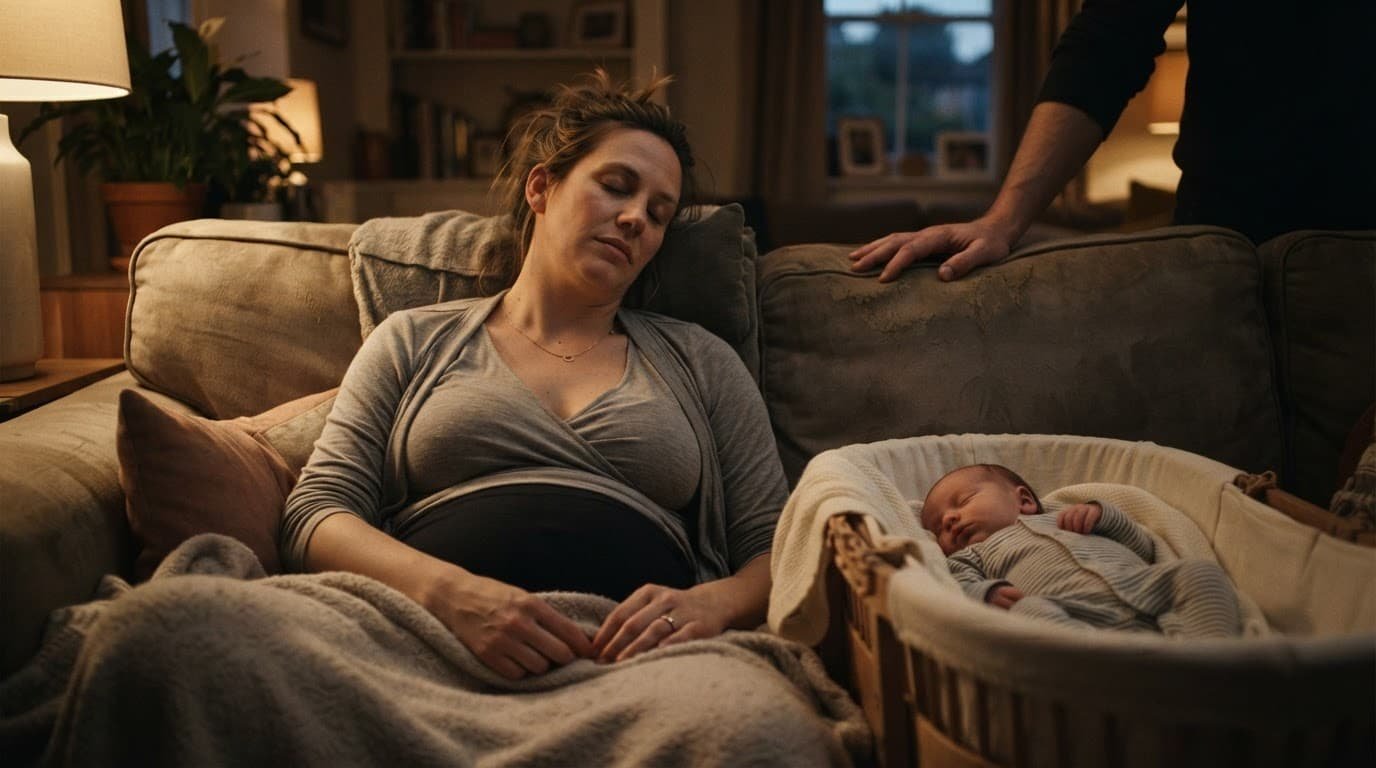 A tired mother rests beside her sleeping newborn while a supportive hand rests on the sofa.