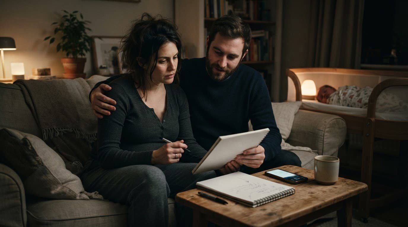 A couple reviews a blank notepad near a phone beside a newborn bassinet.