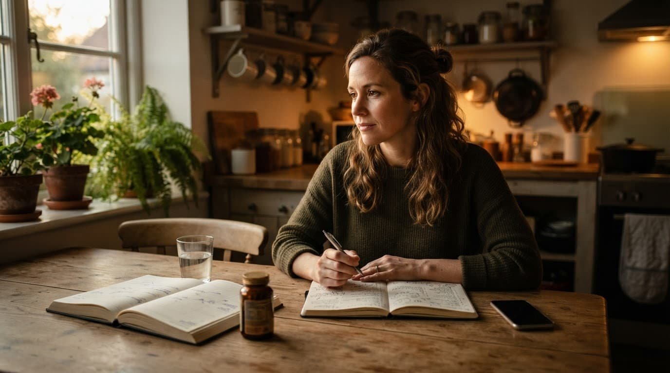 An adult prepares at a kitchen table with a notebook, calendar, vitamins, water, and phone.