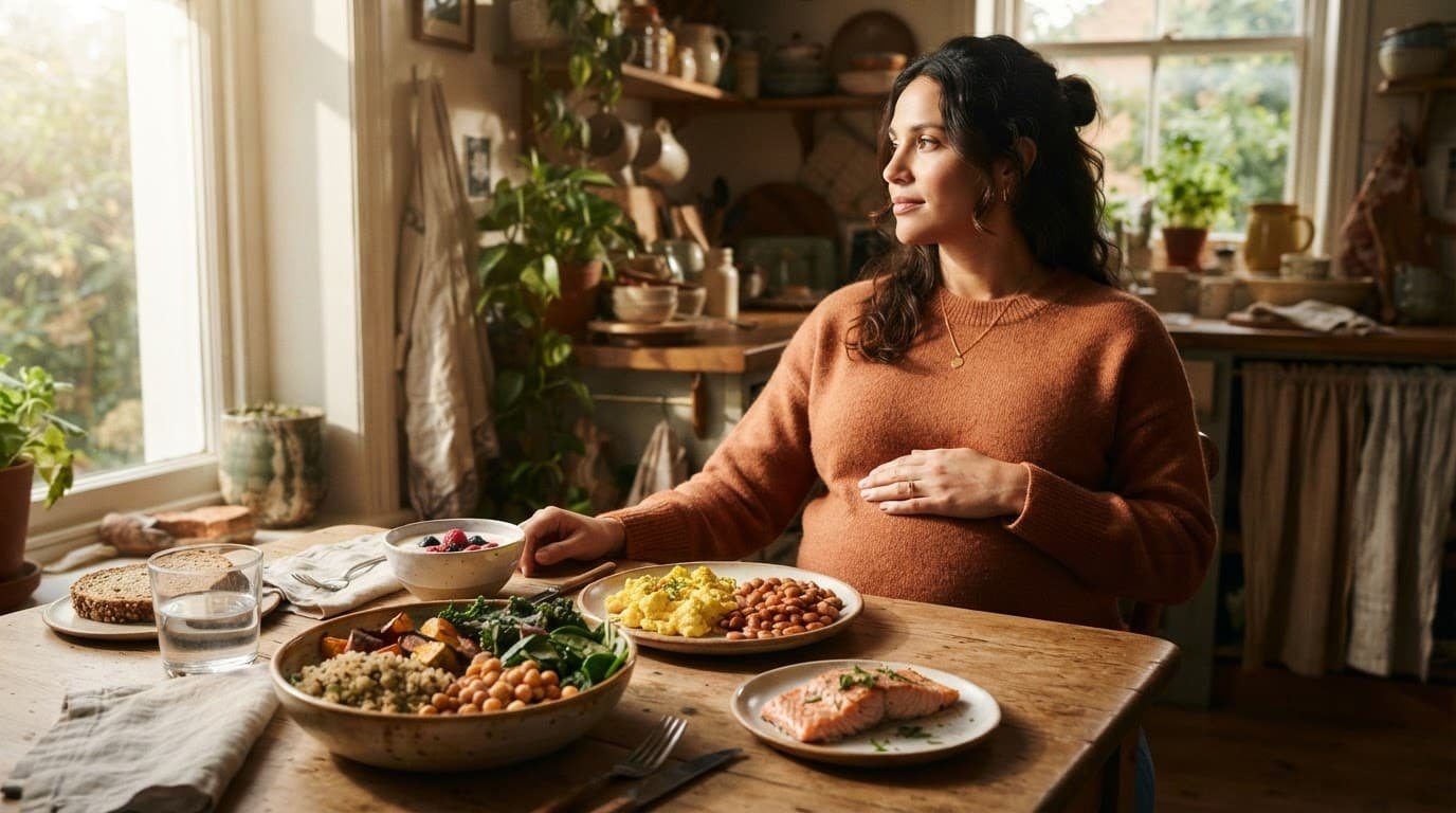 Pregnant woman seated beside a table filled with nutritious foods.