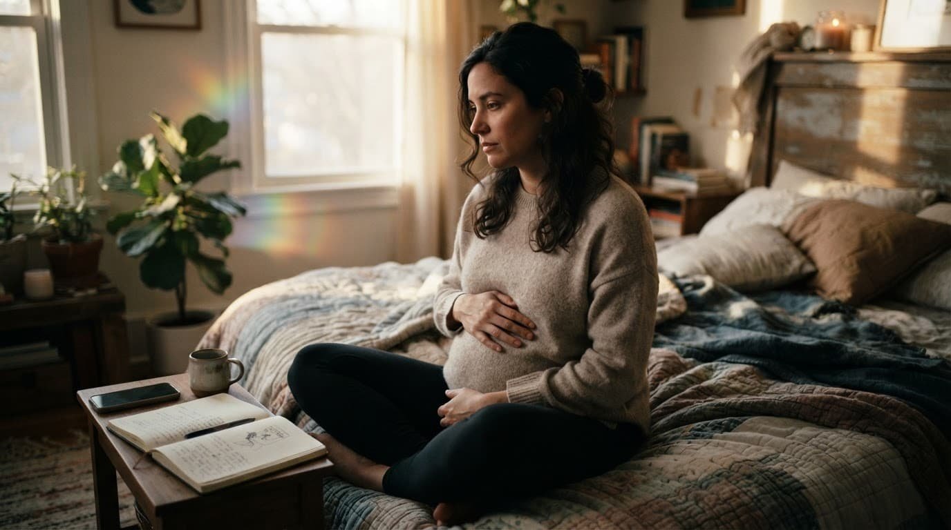 Pregnant person sitting by a journal and phone, resting one hand on their belly.