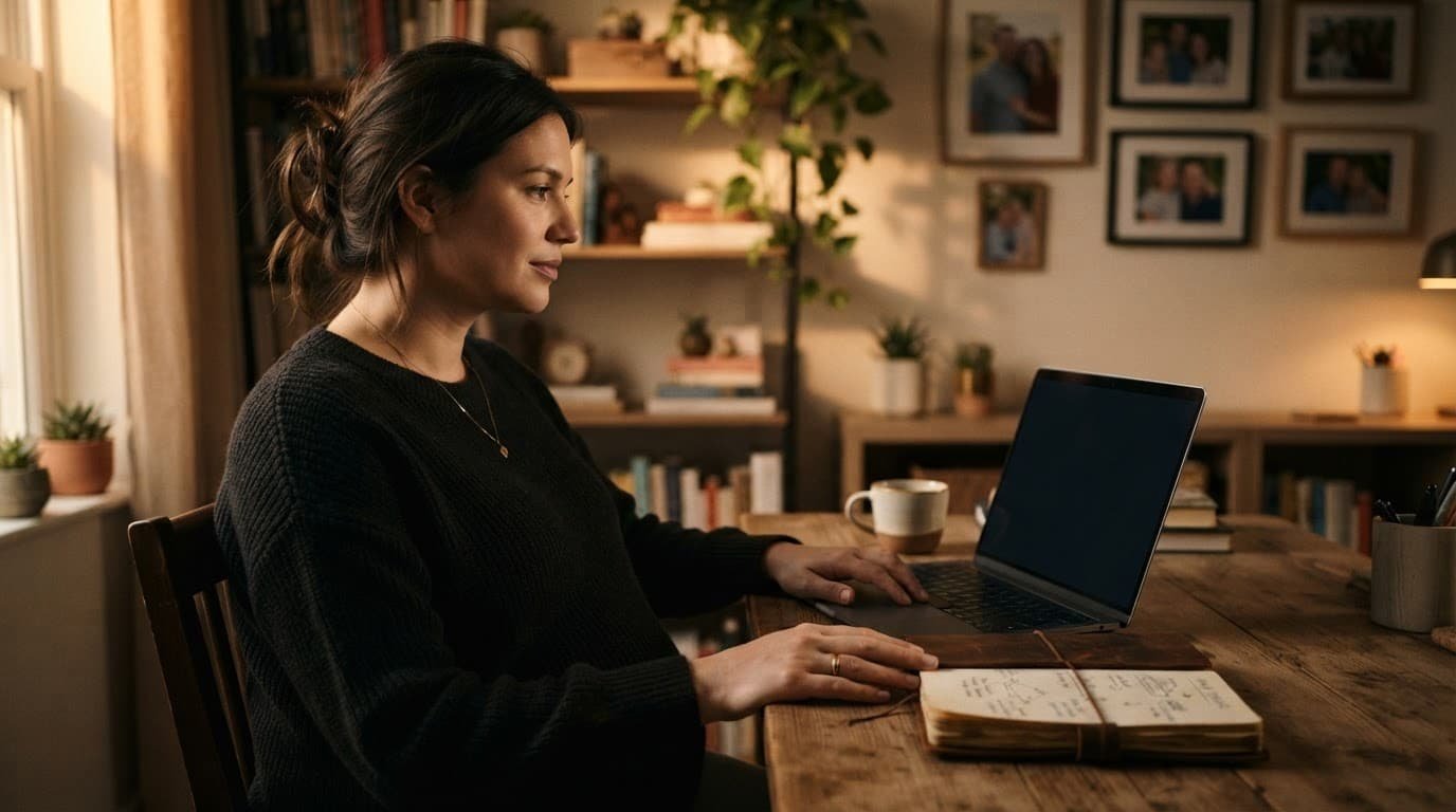 Pregnant adult reviewing a laptop beside a notebook in a warm home workspace.