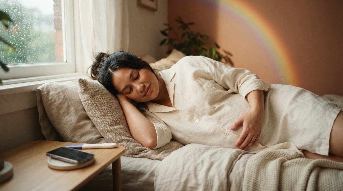 Pregnant adult resting beside a positive test and phone near a window.