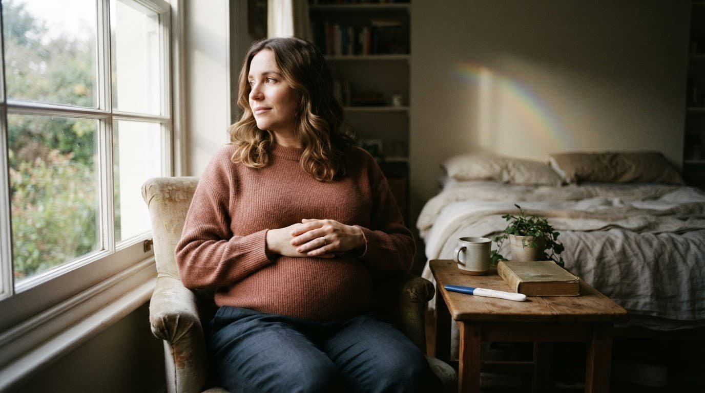 A pregnant person sits by a window beside a table holding a pregnancy test.