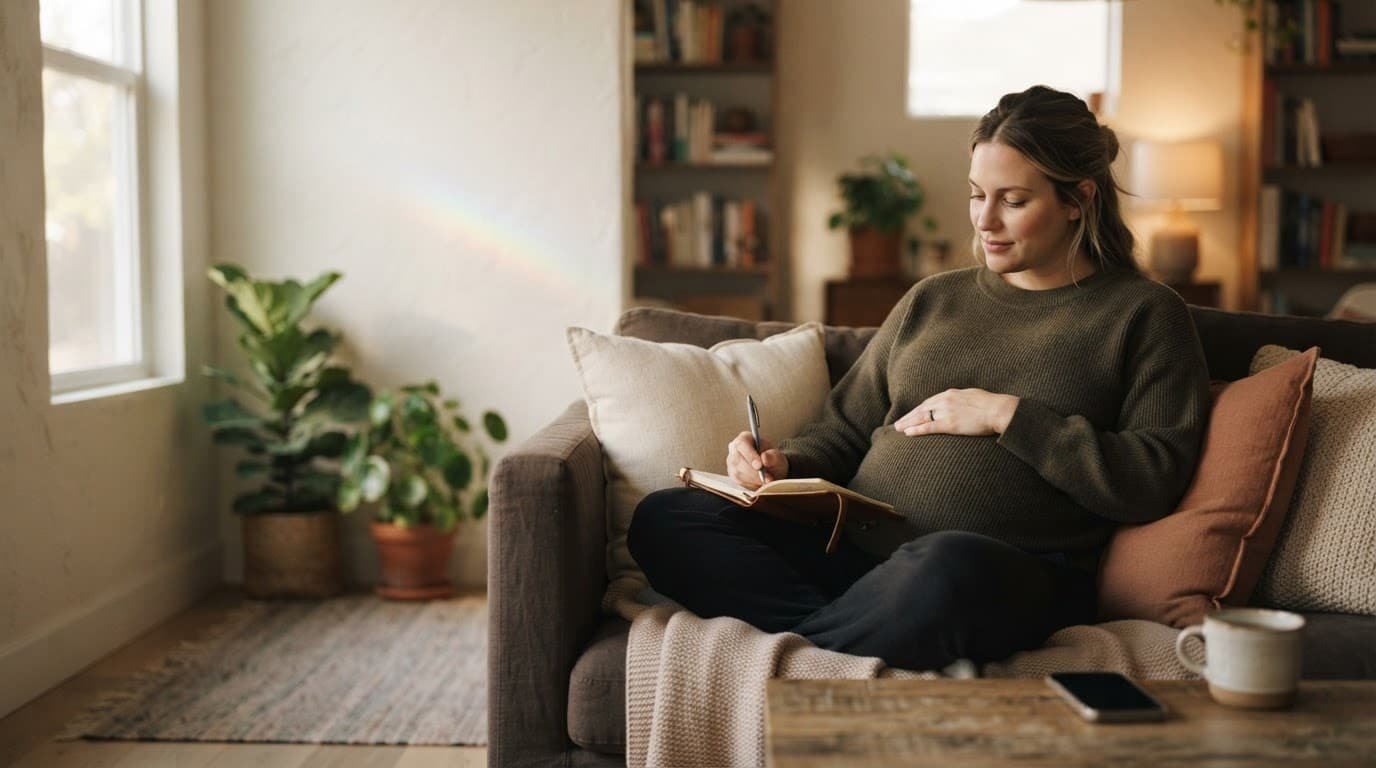 Pregnant person resting on a sofa with a notebook and phone nearby.
