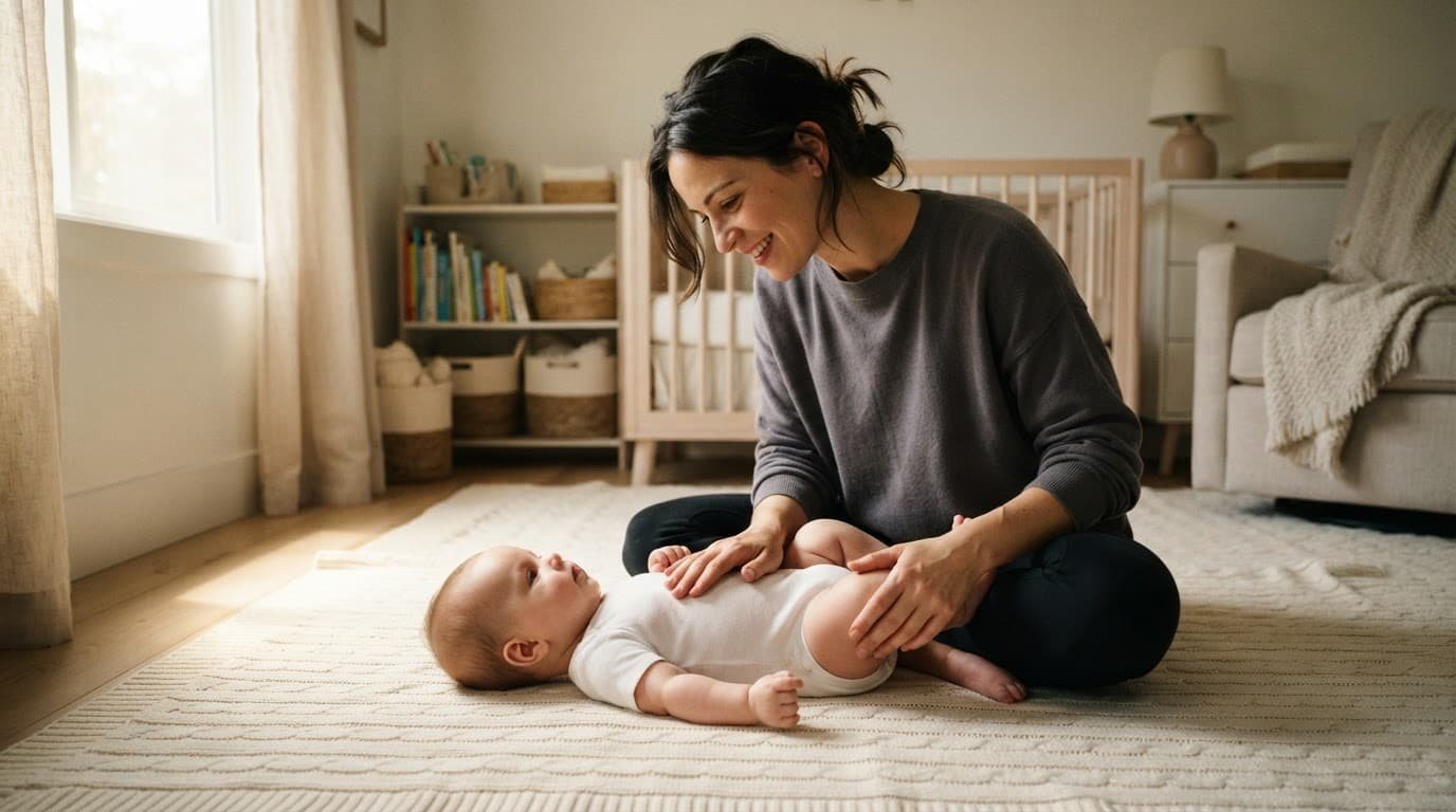 Caregiver gently rests hands on a baby's legs during massage on a nursery blanket.