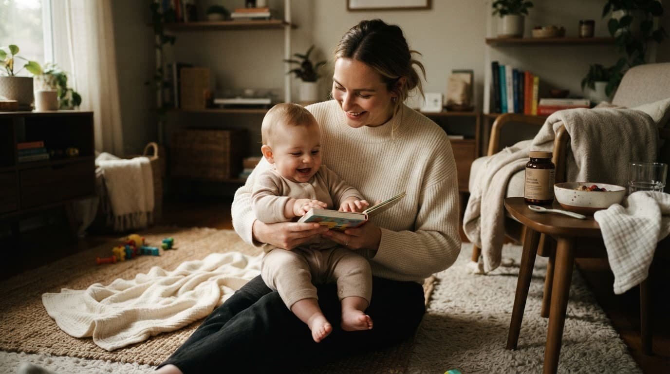 Parent soothing a baby near a play mat, blanket, book, meal, and feeding items.