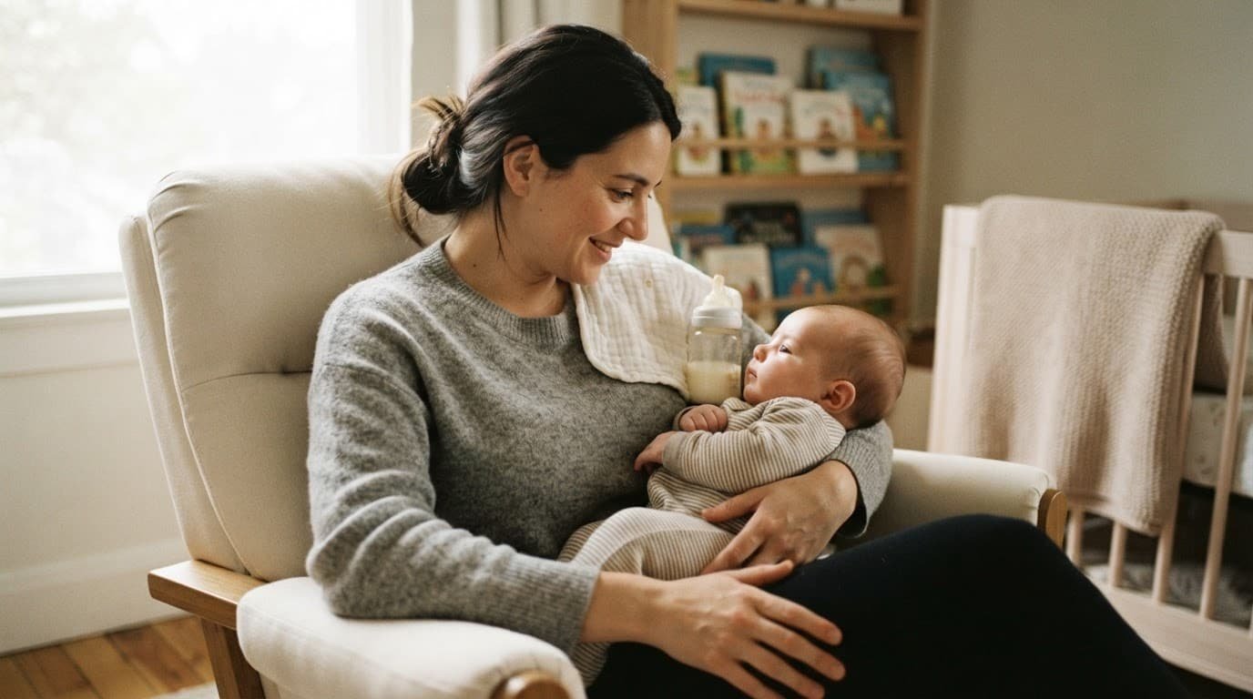 Mother pauses while holding her baby beside a bottle in a softly lit nursery.