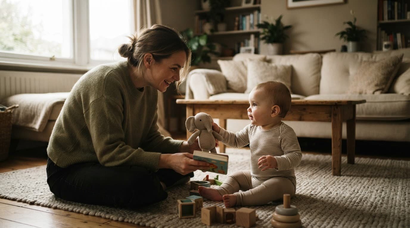 Parent offering a board book and soft toy to a baby on the living room floor.