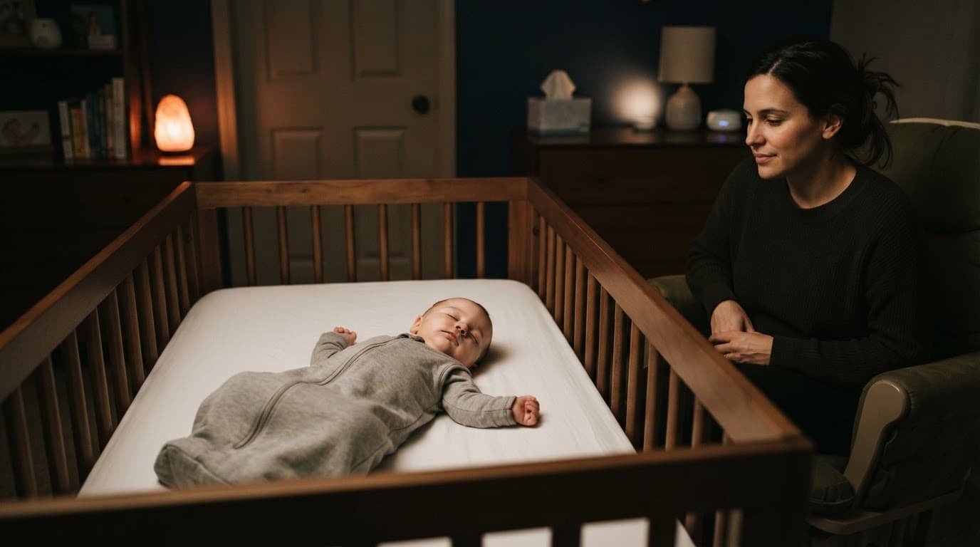 A tired infant lies safely on their back in a crib as a parent watches nearby.