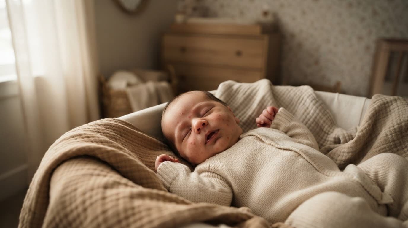 Sleeping newborn with mild red bumps on the cheeks and forehead.