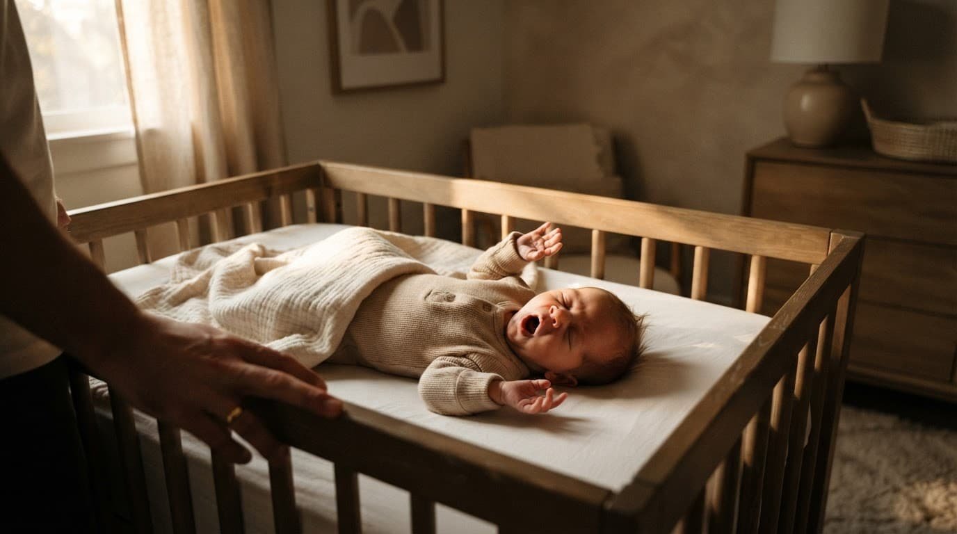 A sleeping newborn yawning in a crib beside a parent’s resting hand.