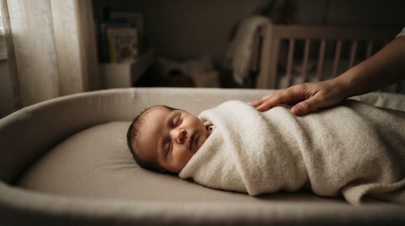 A newborn girl sleeps wrapped in a cream blanket with a caregiver’s hand nearby.
