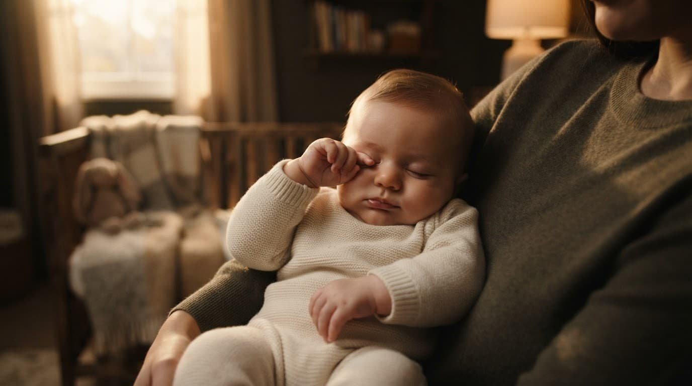 Sleepy baby rubbing one eye while resting in a caregiver’s arms near a cozy crib.