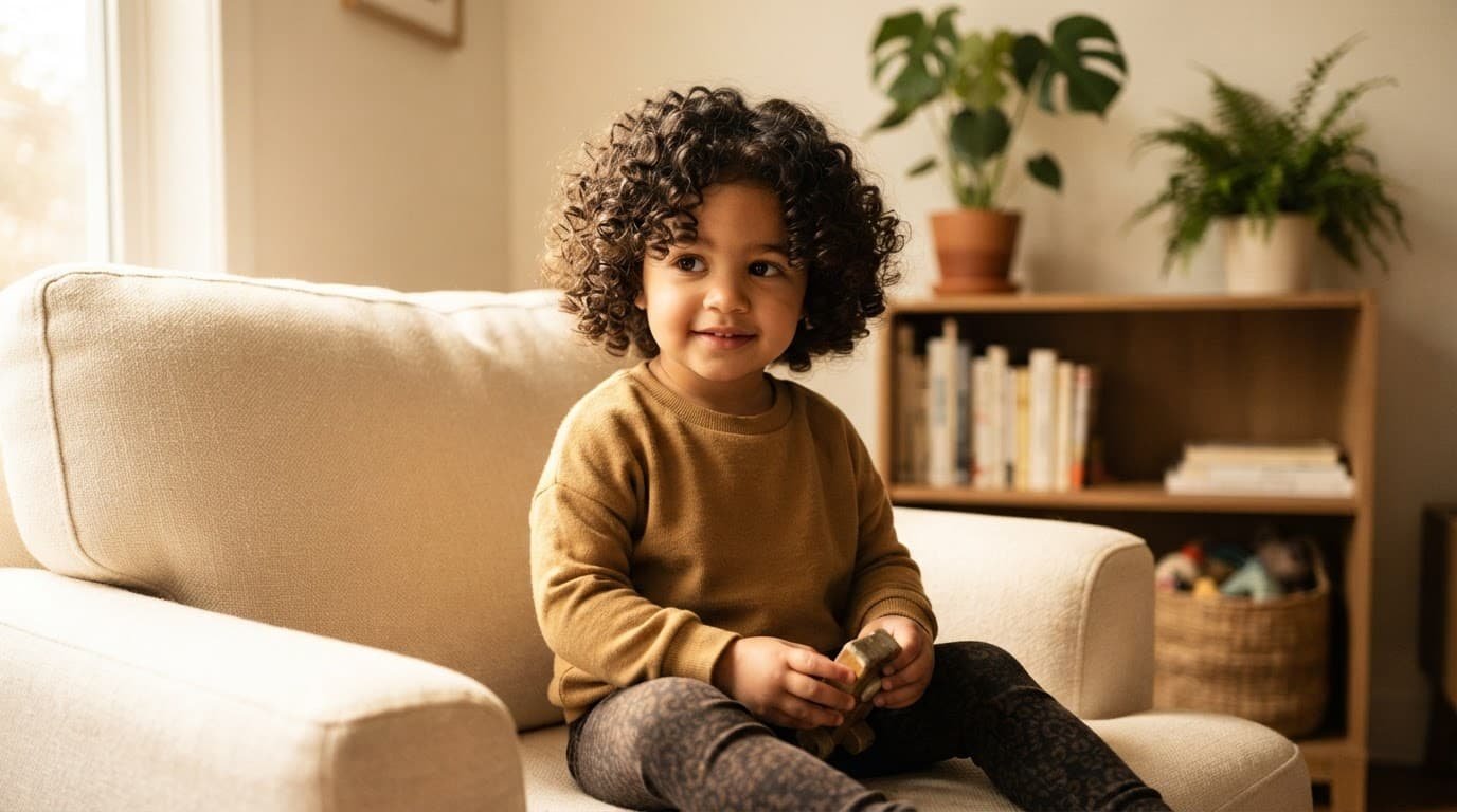 Toddler girl with a rounded curly bob seated in a warmly lit home setting.