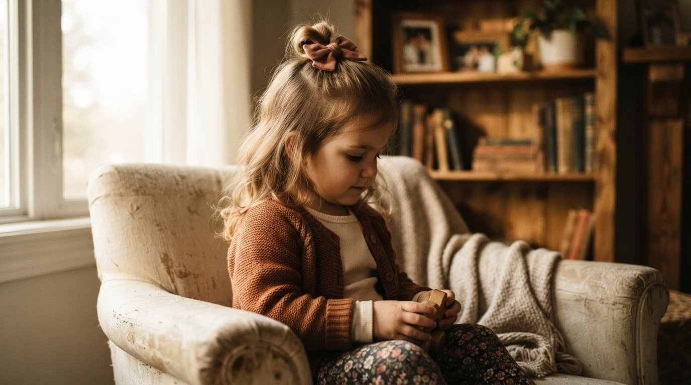 Toddler girl wearing a half-up hairstyle with a soft bow indoors.