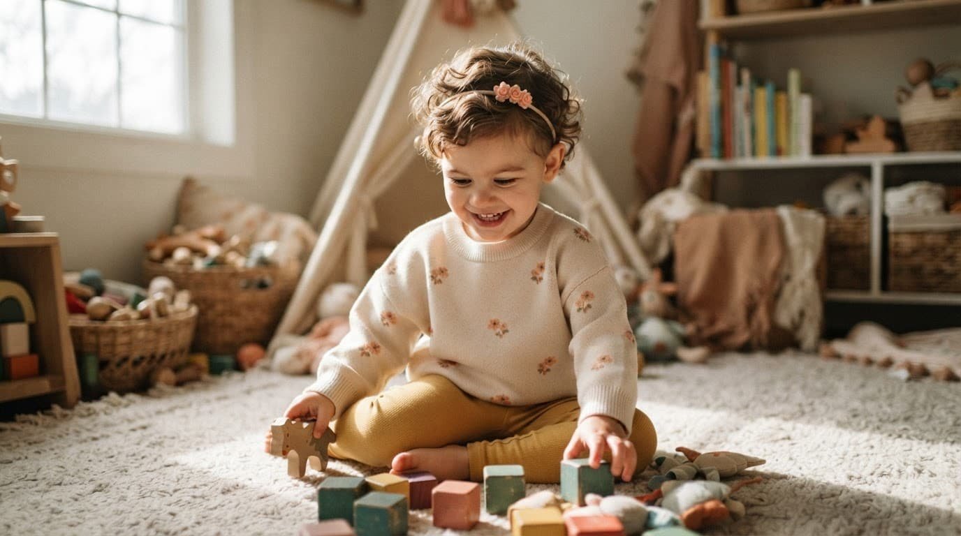 Toddler girl with short curly hair playing in a bright playroom.