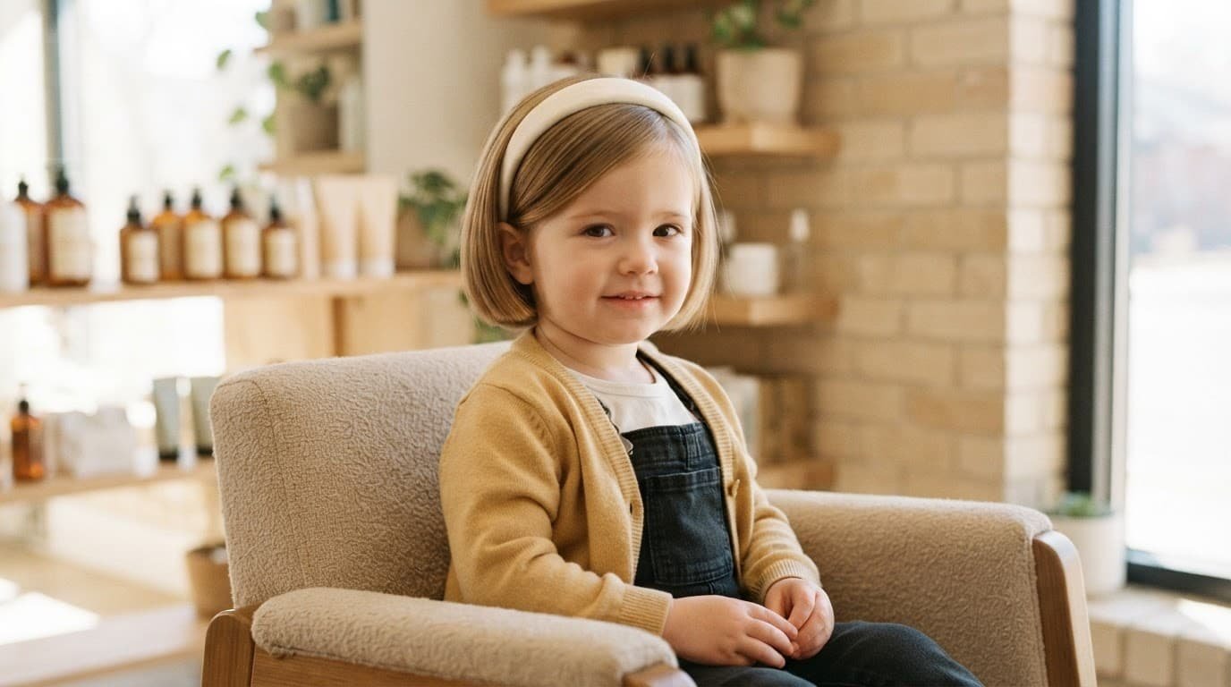 Toddler girl with a rounded bob haircut and soft headband in a bright salon.