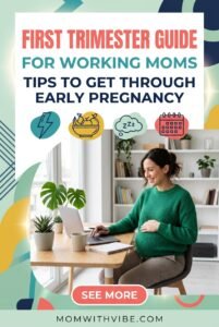 Design a Pinterest pin, with the Pinterest pin frame size for the title First Trimester Guide for Working Moms Tips to Get Through Early Pregnancy.