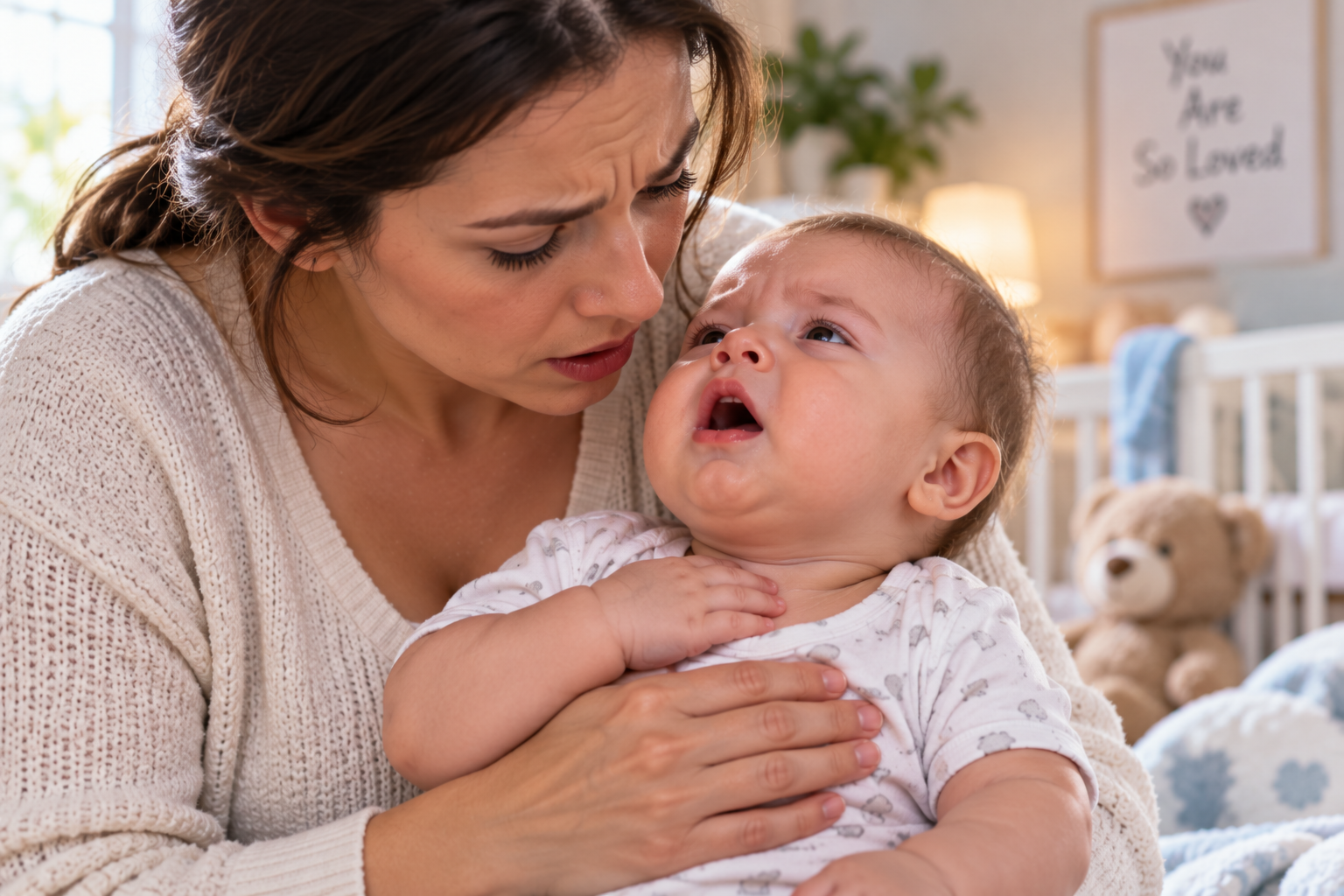 Worried Mother Comforting Distressed Baby