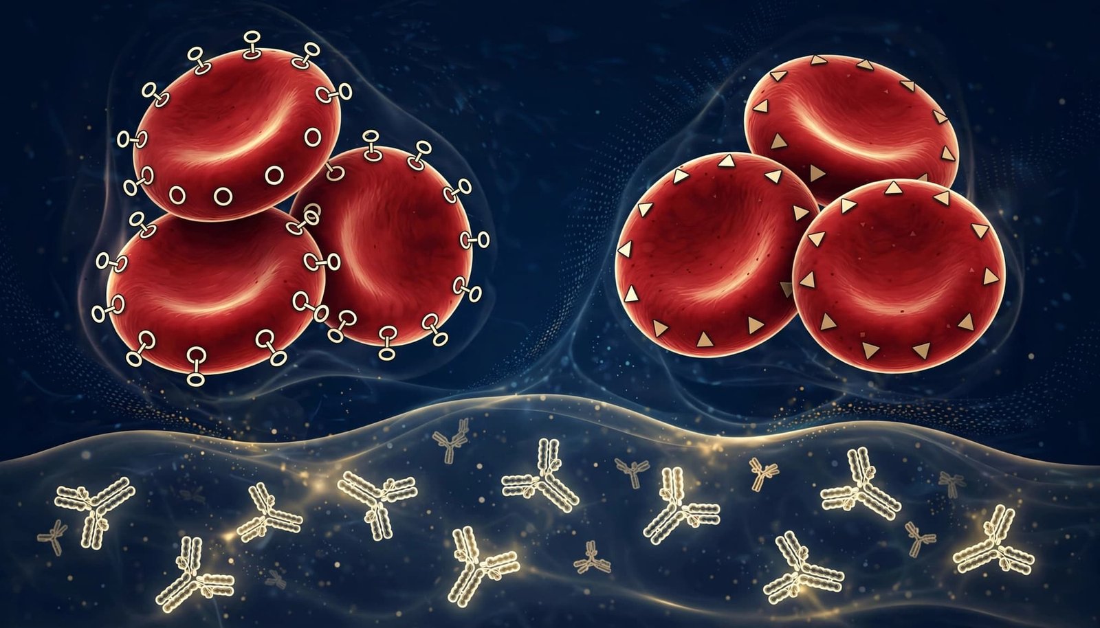 Two red blood cell groups beside plasma with antibody symbols.