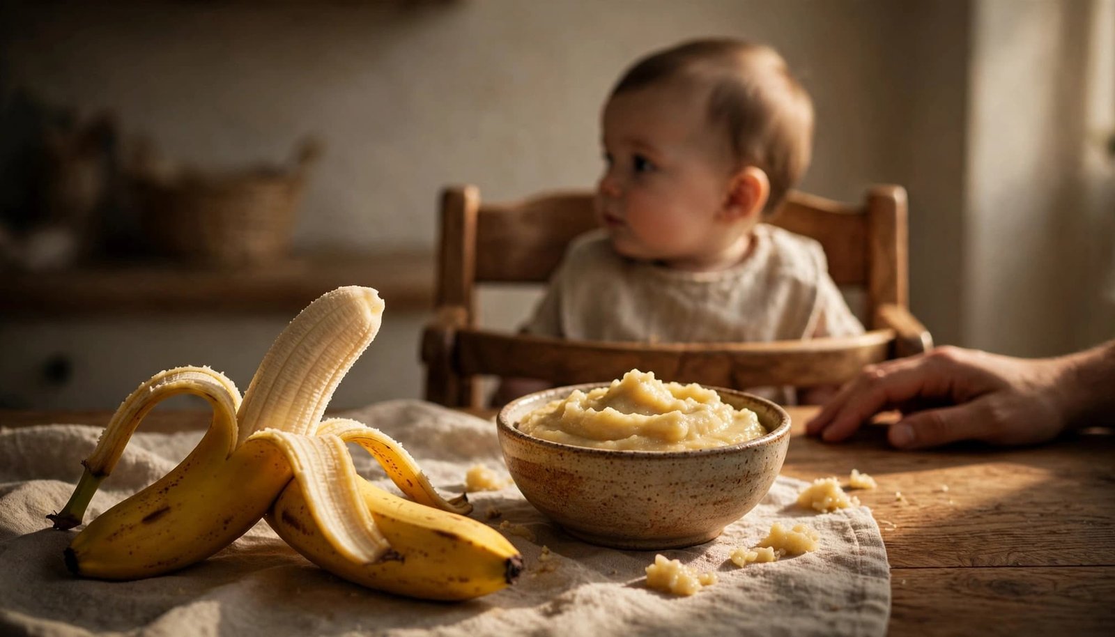 An infant sits near a bowl of mashed banana and a peeled banana at a kitchen table.