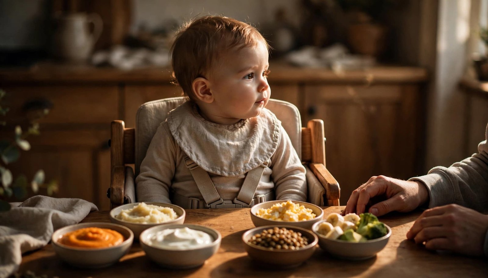 Infant in a high chair beside bowls of purees, yogurt, egg, lentils, and soft finger foods.