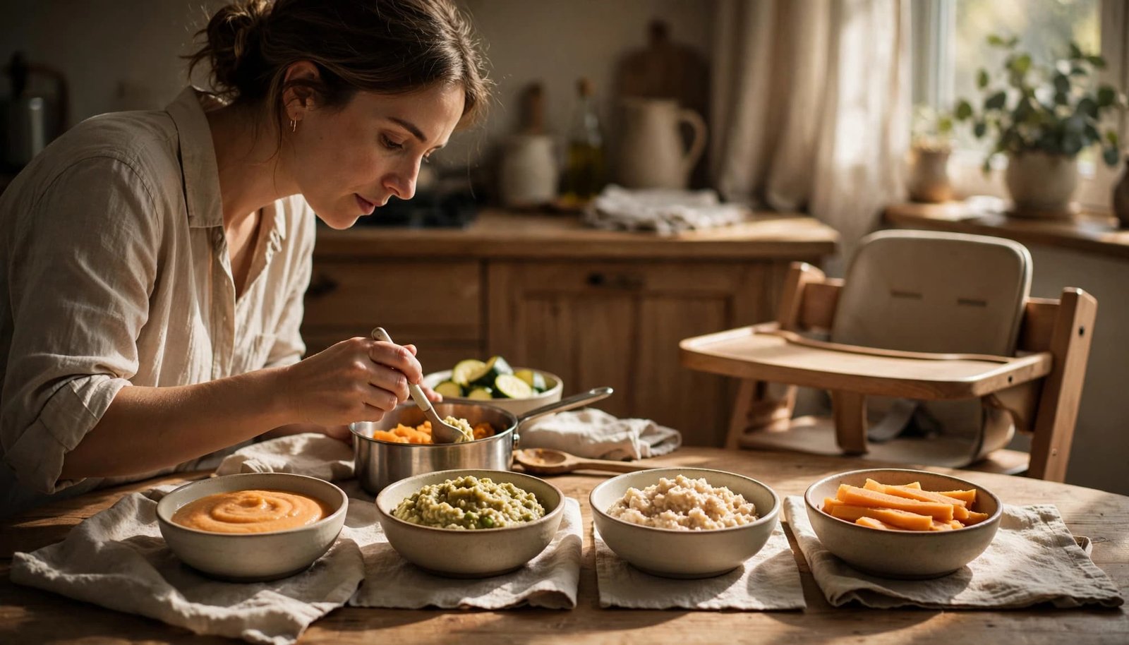 Parent displays four baby breakfast textures in bowls beside a high chair.